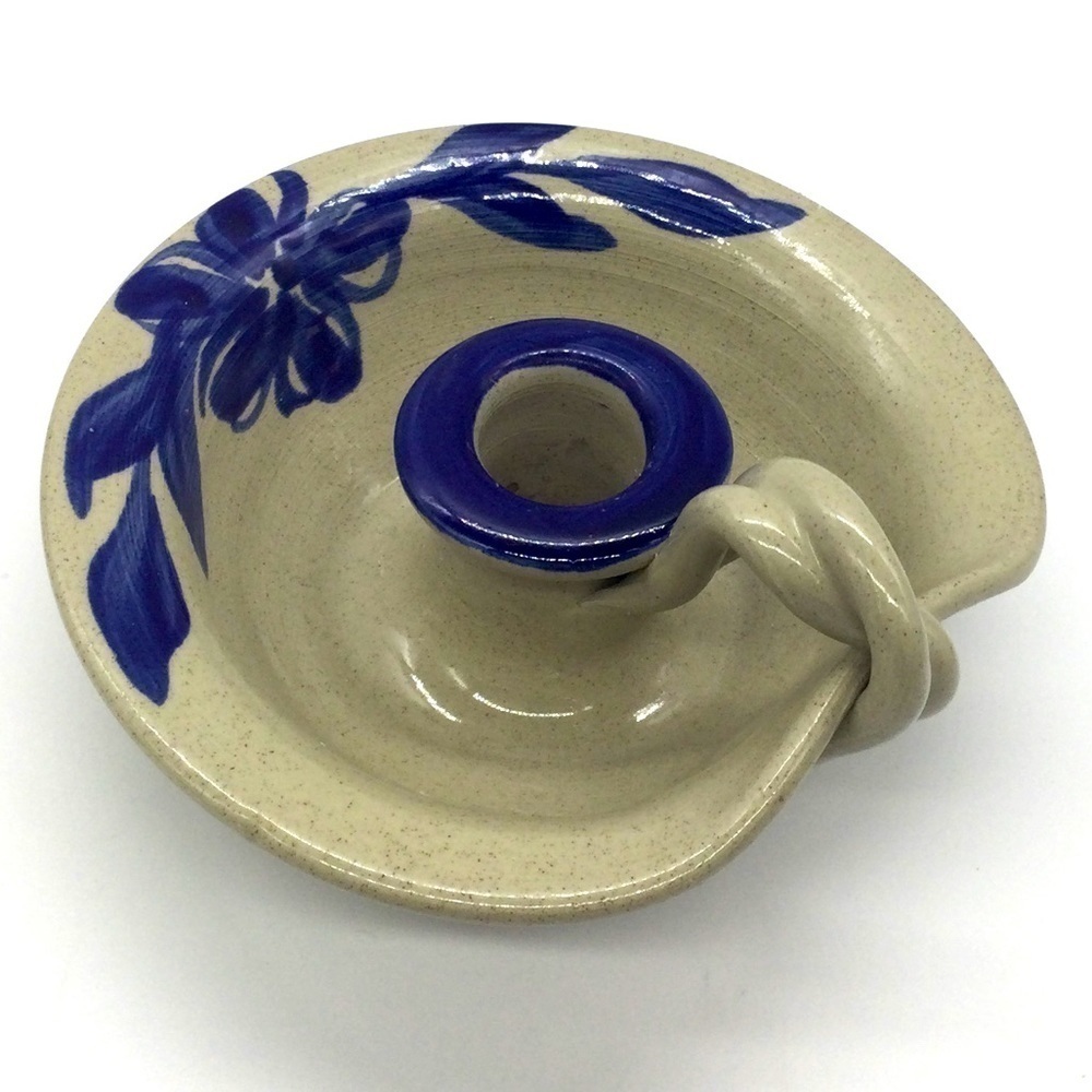 W.P.F. 3.5” Blue pottery candle holder candlestick 1999 Victorian farmhouse folk
